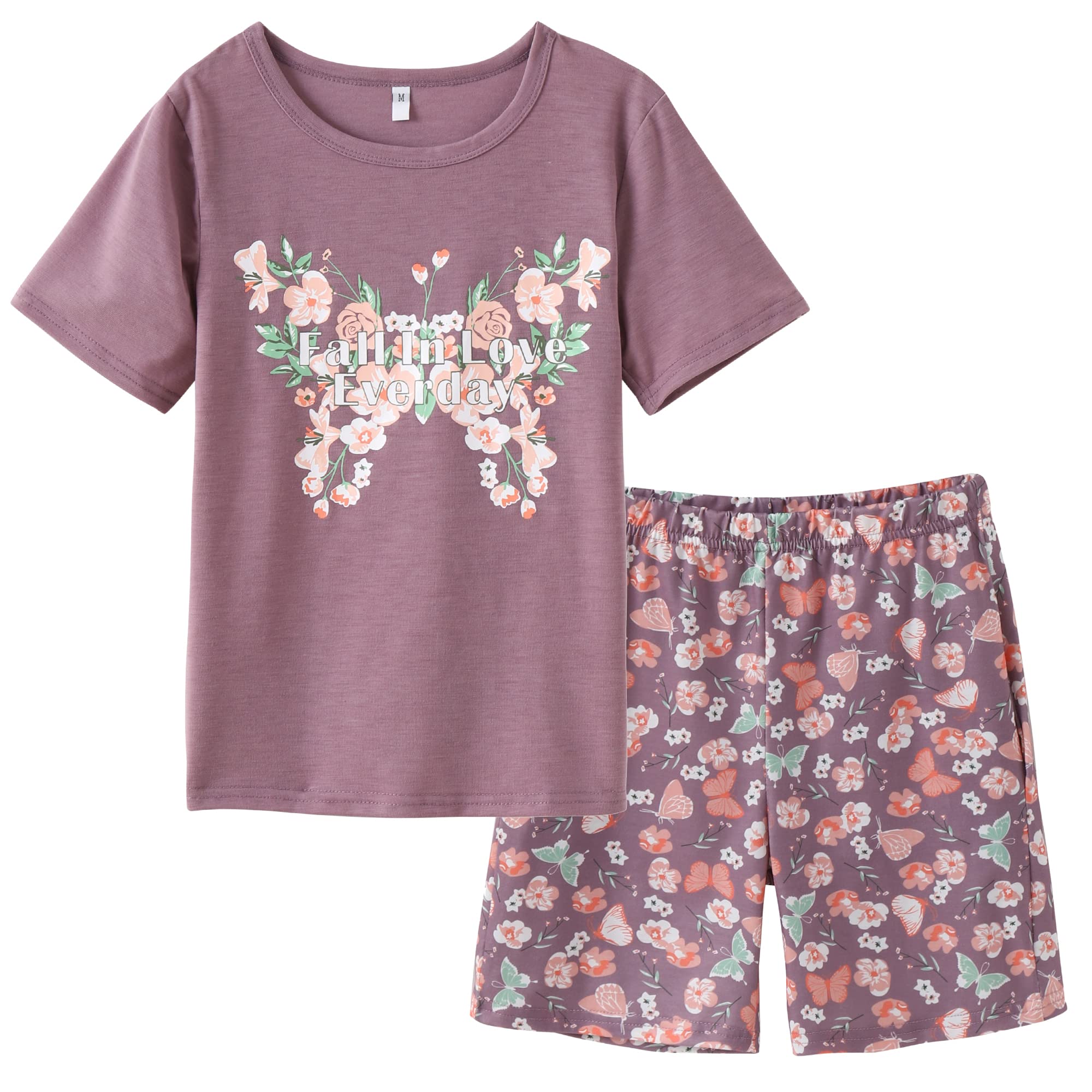 Big Girls Summer Pajama Set - Striped Heart Print Sleepwear for Lounge & Sleep