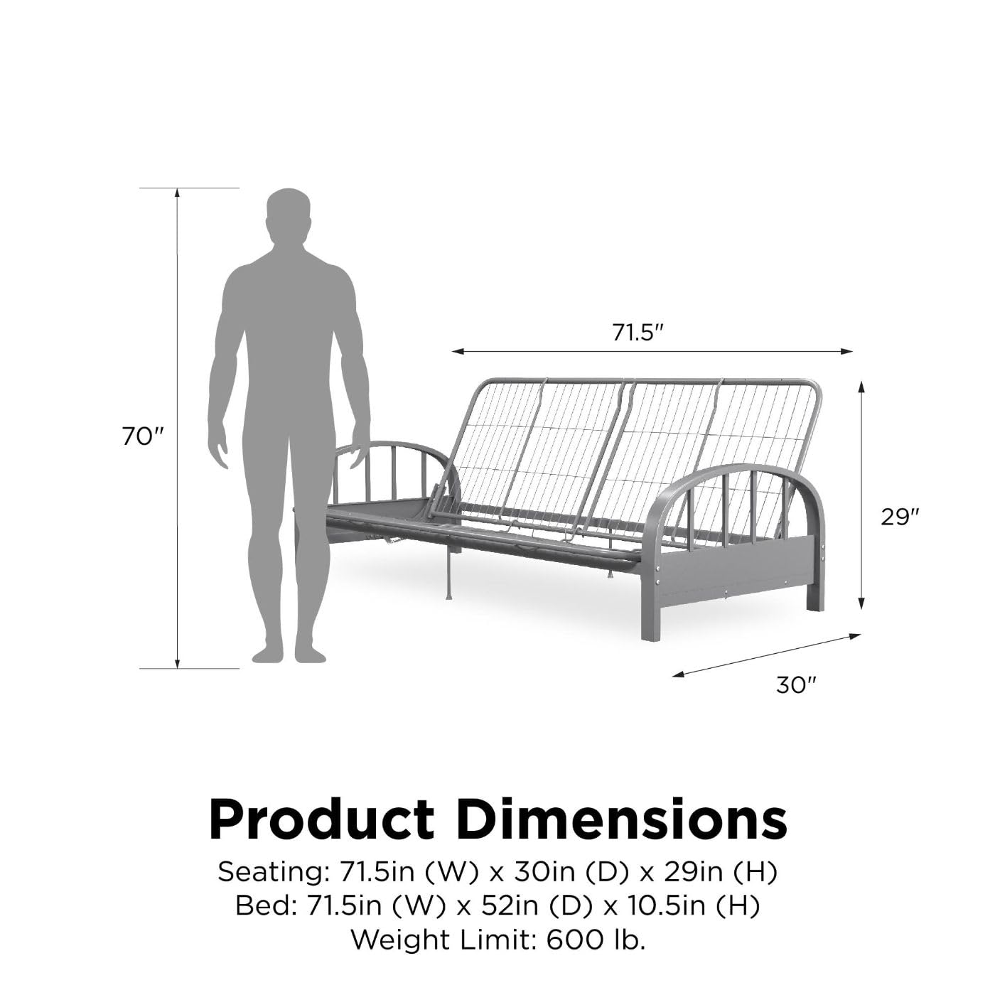 DHP Aiden Full Size Metal Futon Frame in Silver - Space Saving Convertible Sofa Bed for Small Apartments, Guest Rooms & Dorm Living