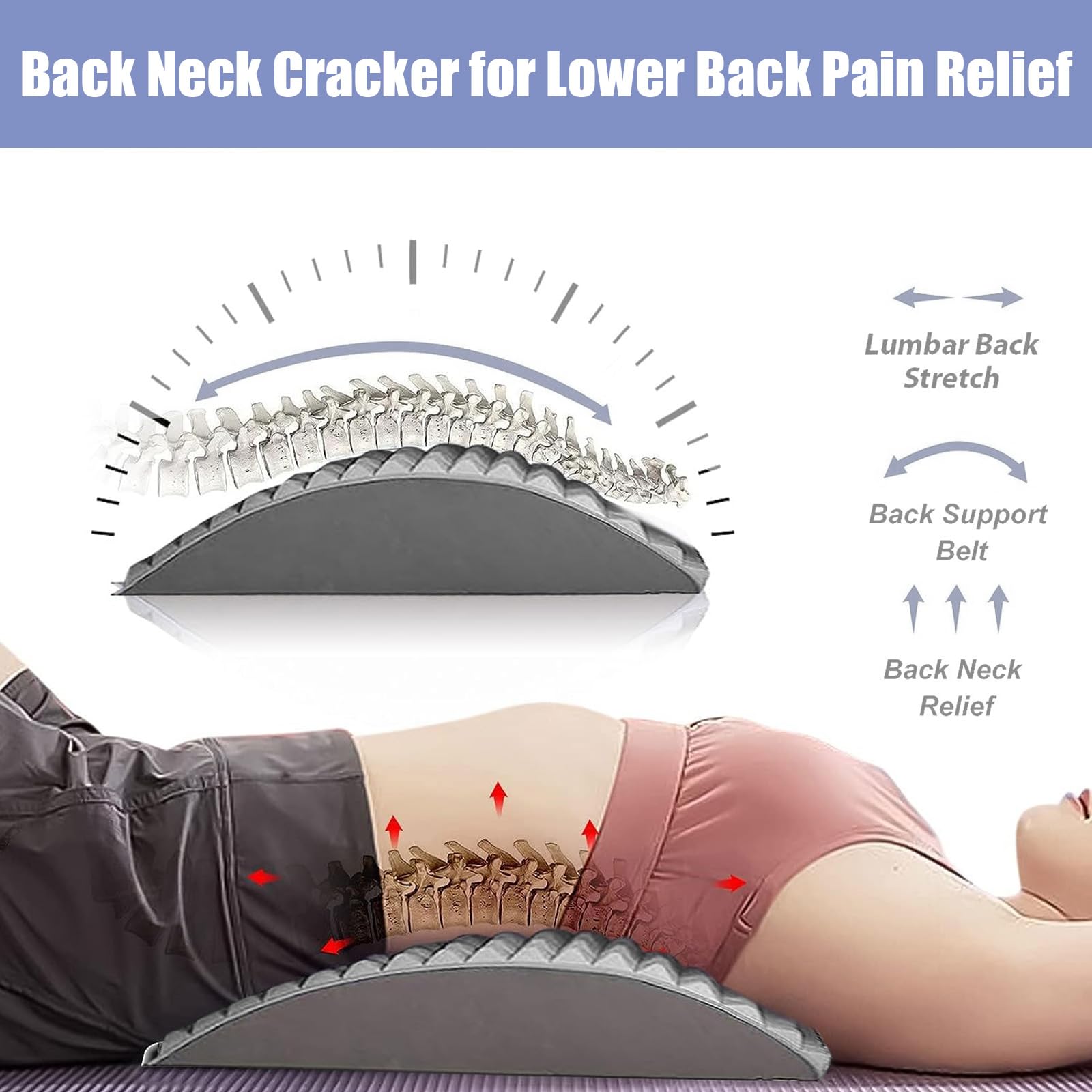 Premium Back Stretcher for Pain Relief - Adjustable Lumbar Support for Neck, Lower Back Pain, Herniated Disc, Sciatica & Scoliosis | Ergonomic Spine Board for Home & Office Use (Grey)