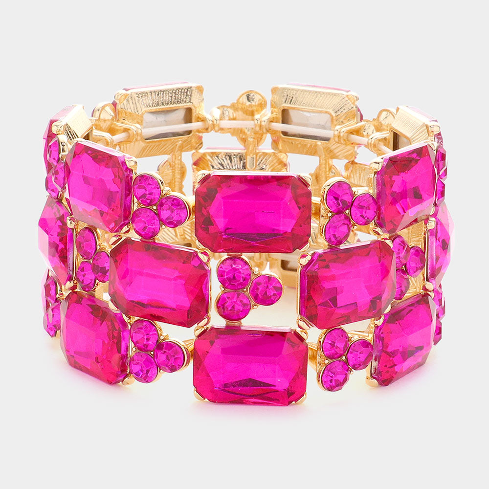 Fuchsia Emerald Cut Crystal Accented Stretch Bracelet for Women | Elegant Pageant Jewelry | Perfect for Parties, Weddings & Special Occasions