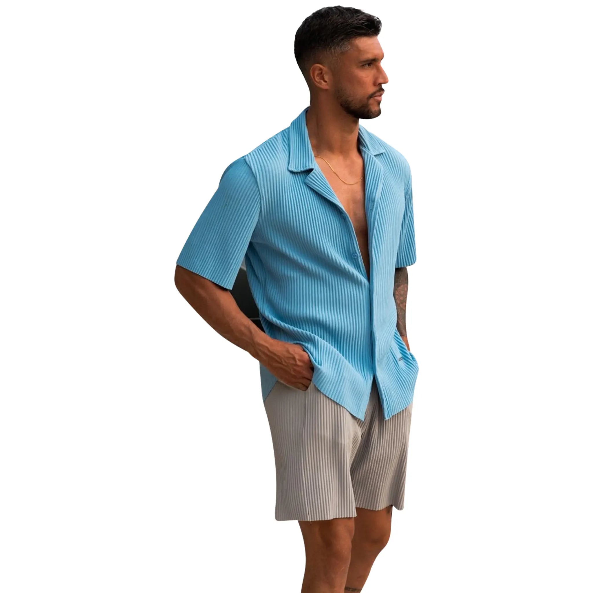 Belier Pleated Short Sleeve Light Blue Resort Shirt for Men - Casual Summer Beach Wear & Tropical Vacation Outfit