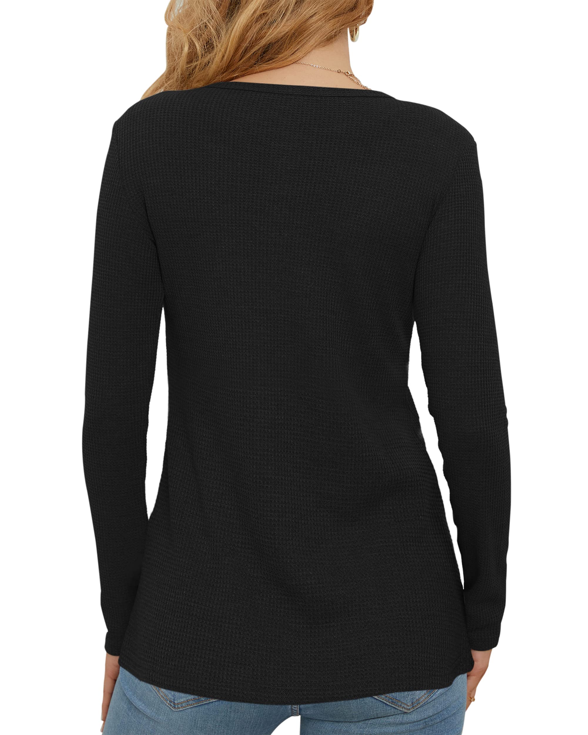 WNEEDU Women's Waffle Knit Long Sleeve Henley Shirt - Slim Fit Button Down V-Neck Casual Blouse for Work, Date & Everyday Wear | Soft & Comfortable Fall Winter Tops