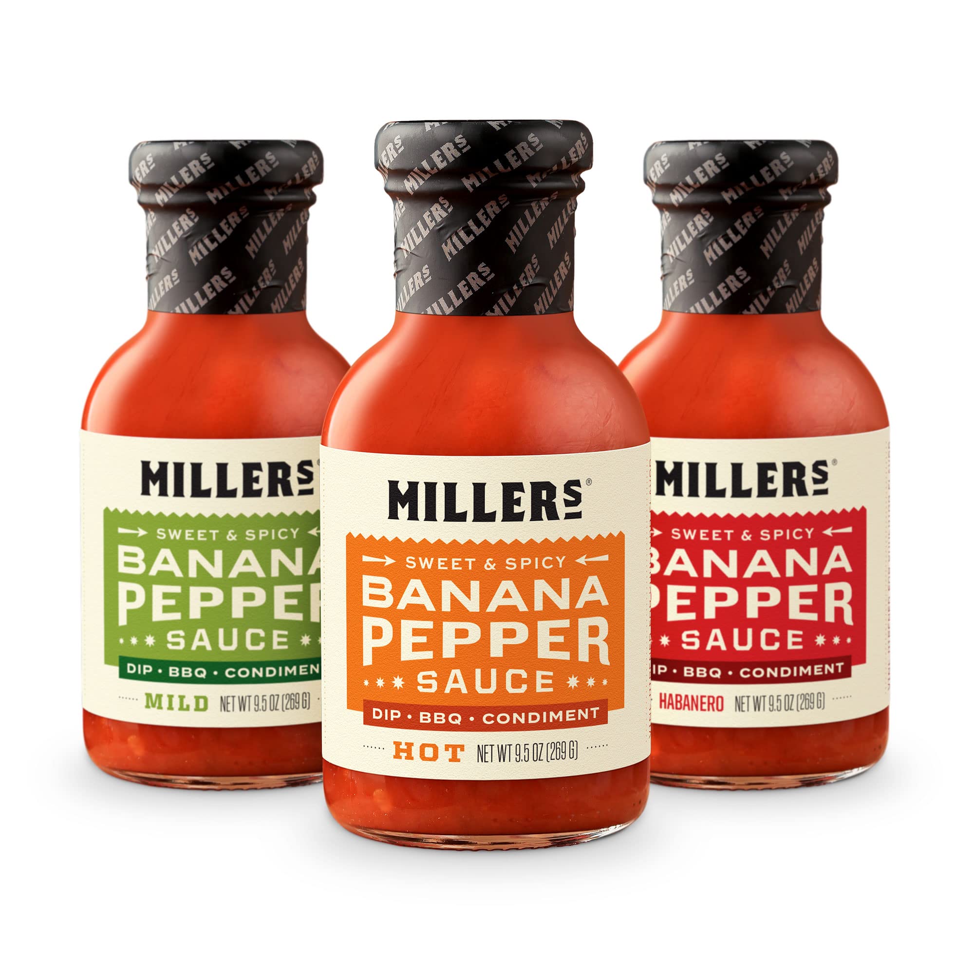 Miller's Banana Pepper Sauce Variety Pack - Hot, Mild & Habanero Hot Sauces (3-Pack, 9.5oz Each) | Non-GMO Verified | Perfect for Wings, Burgers, Sandwiches & Mexican Food | Spicy Condiment Gift Set for BBQ, Tailgating & Game Day Parties