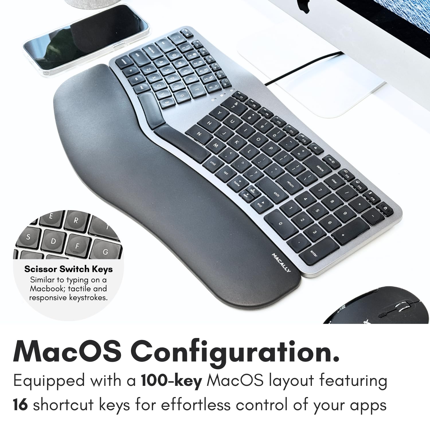 Macally Wired Ergonomic Keyboard for Mac - Backlit Apple Keyboard with Comfort Wrist Rest | Compatible with MacBook Pro/Air, iMac, Mac Mini | Perfect for Office Work, Gaming & Long Typing Sessions