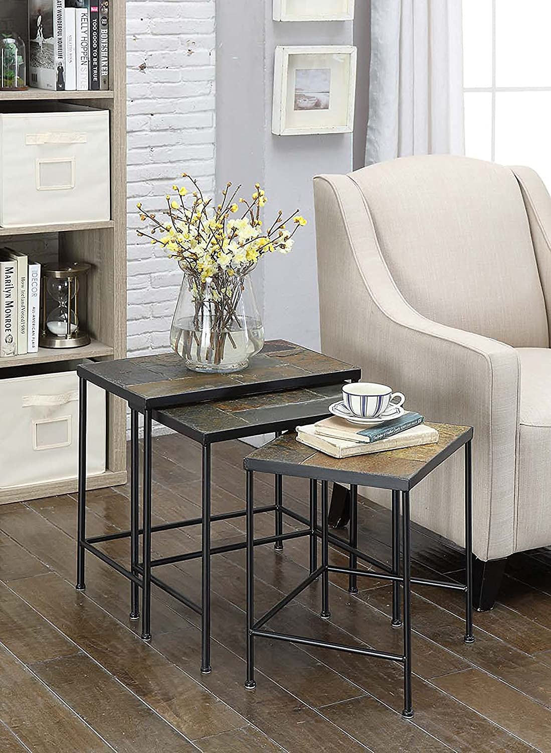 Oakestry 3-Piece Nesting Coffee Tables with Slate Tops - Modern Metal & Slate Side Tables for Living Room, Bedroom or Office - Space-Saving Stackable End Tables for Small Spaces