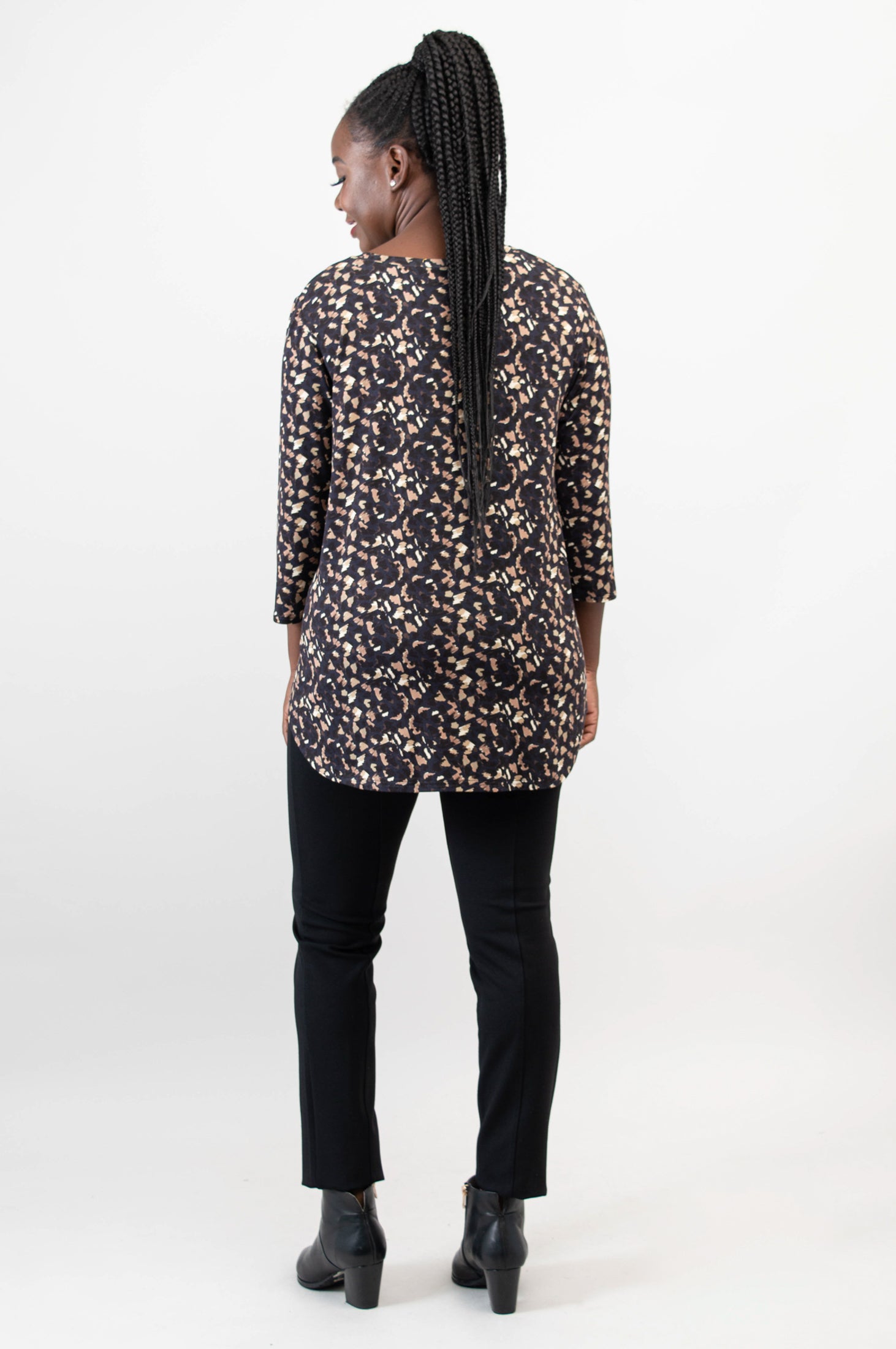 Jackie 3/4 Sleeve Women's Top - Soft Bamboo Fabric with Calico Print - Breathable & Comfortable for Yoga, Work & Casual Wear