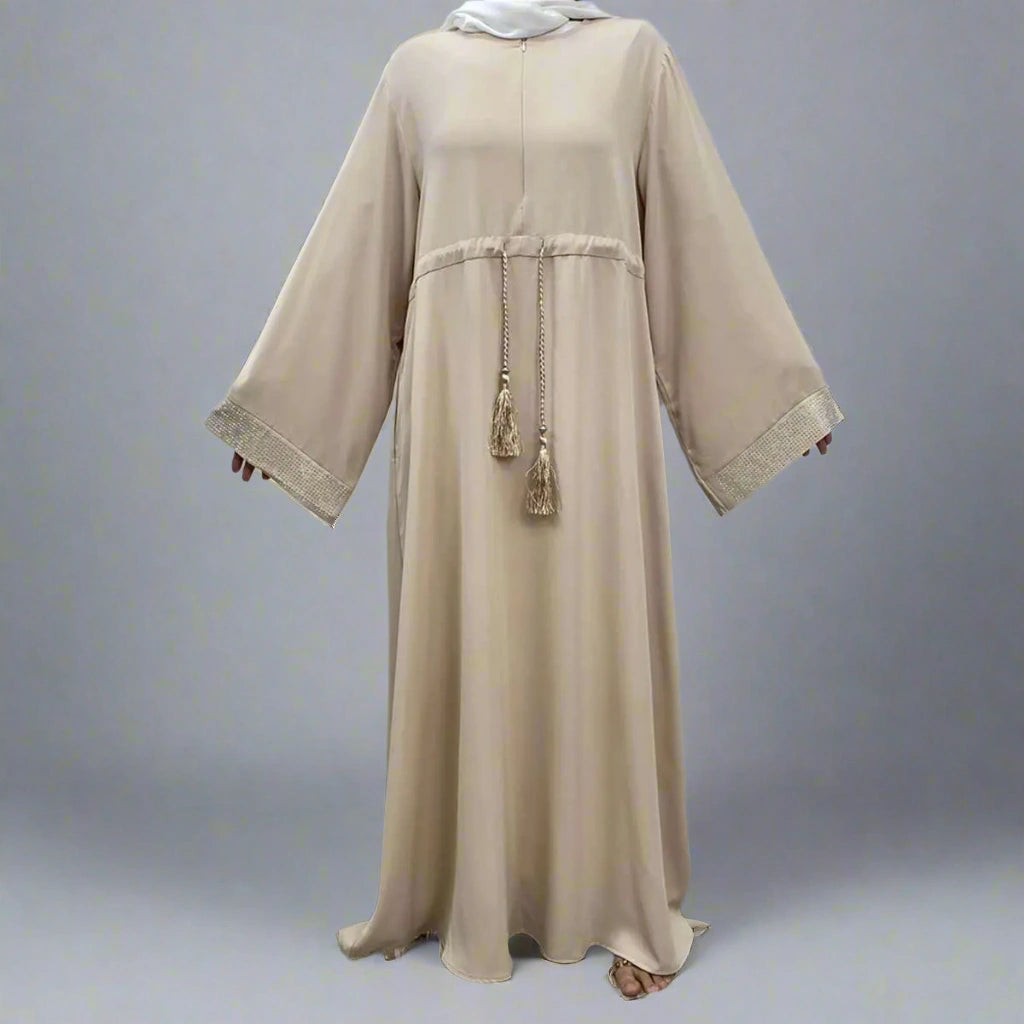 Hotfix Rhinestone Cuff Abaya Dress with Pockets - Elegant Muslim Women's Islamic Clothing for Parties, Weddings & Special Occasions