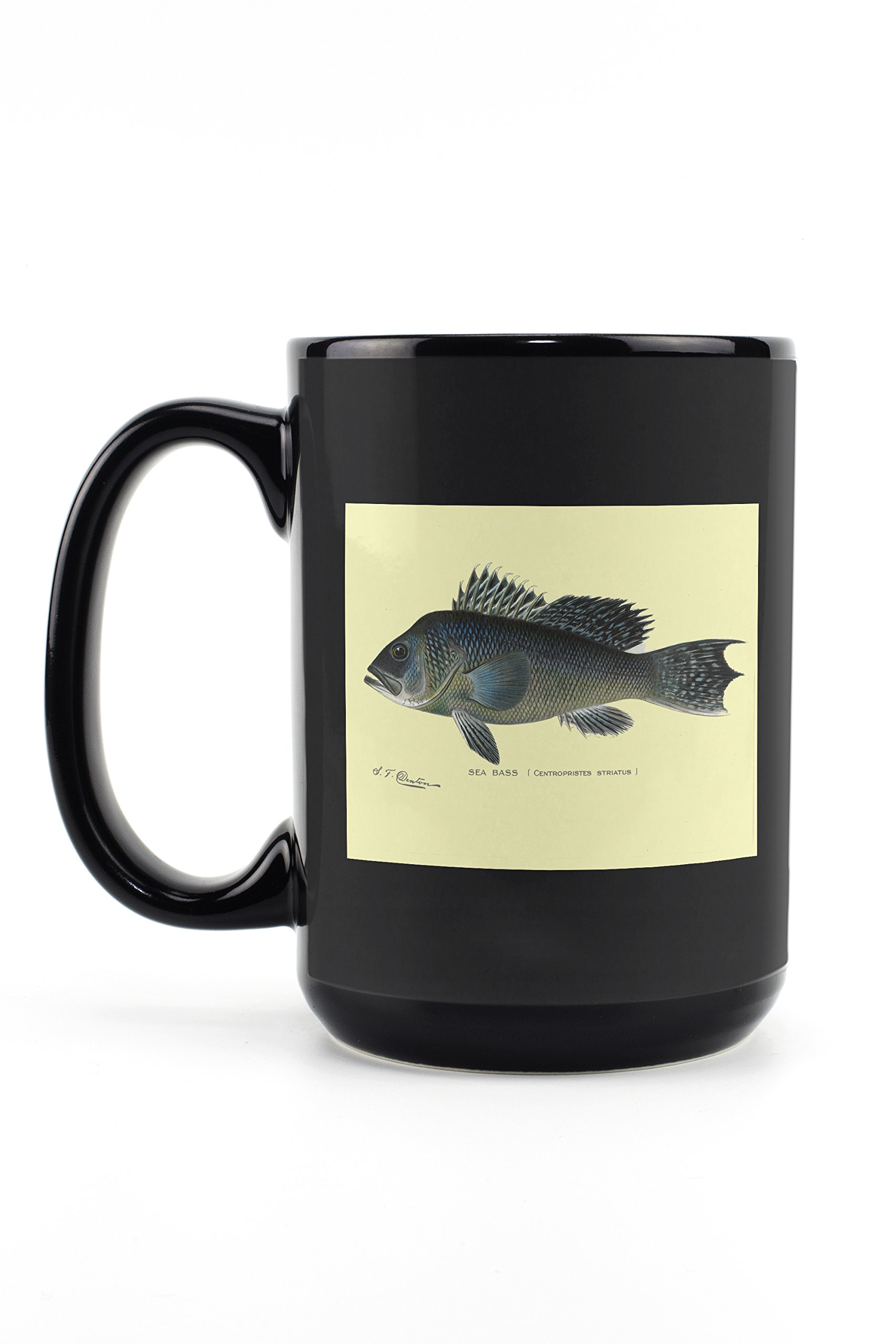 Vintage Halftone Sea Bass & Denton Fish Print 15oz Black Ceramic Mug - Dishwasher & Microwave Safe Coffee & Tea Cup - Perfect for Home, Office & Gifts
