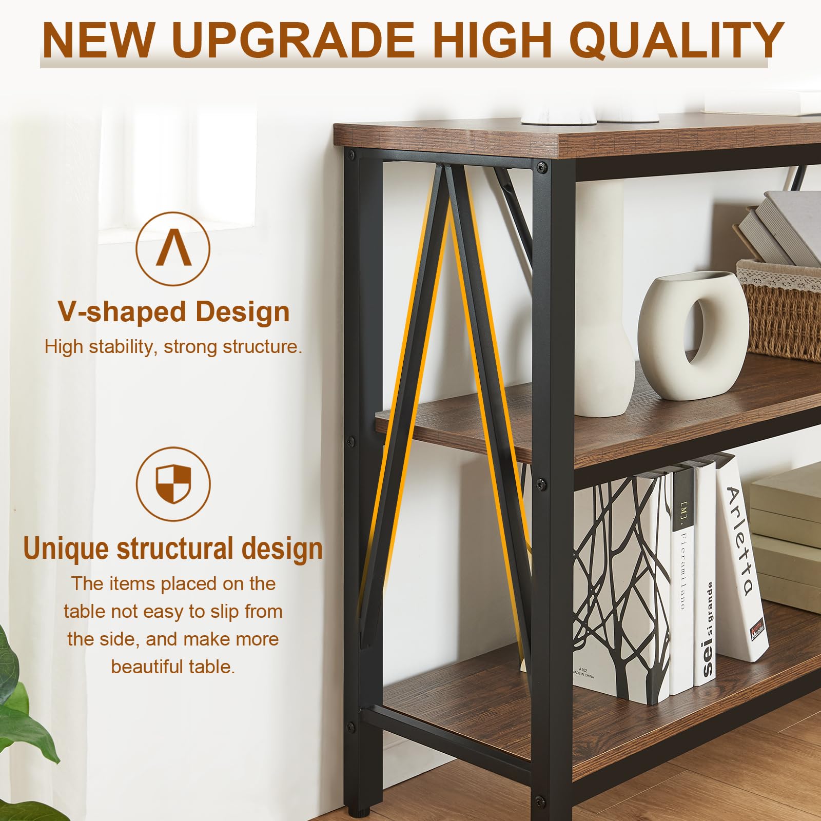 Rustic Industrial Entryway Console Table with 3-Tier Open Shelves & Wide Storage - 47 Inch Brown Foyer Table for Living Room, Hallway & Entry Decor | Perfect for Small Spaces & Home Organization