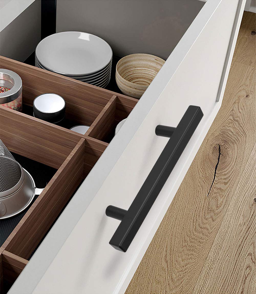 Stainless Steel Cabinet Handles 5 Inch Drawer Pulls - PHJ22BK128 T-Bar Kitchen Cupboard Hardware for Dresser, Wardrobe & Bathroom Storage (Set of 10) - Modern Home Upgrade for Cabinets & Furniture