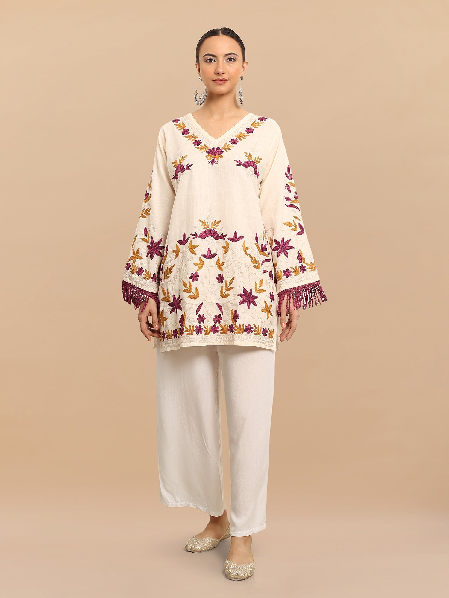 Falak Kashmiri Short Kurta for Women - Pure White Cotton Traditional Indian Tunic Top - Perfect for Festivals, Weddings & Casual Wear