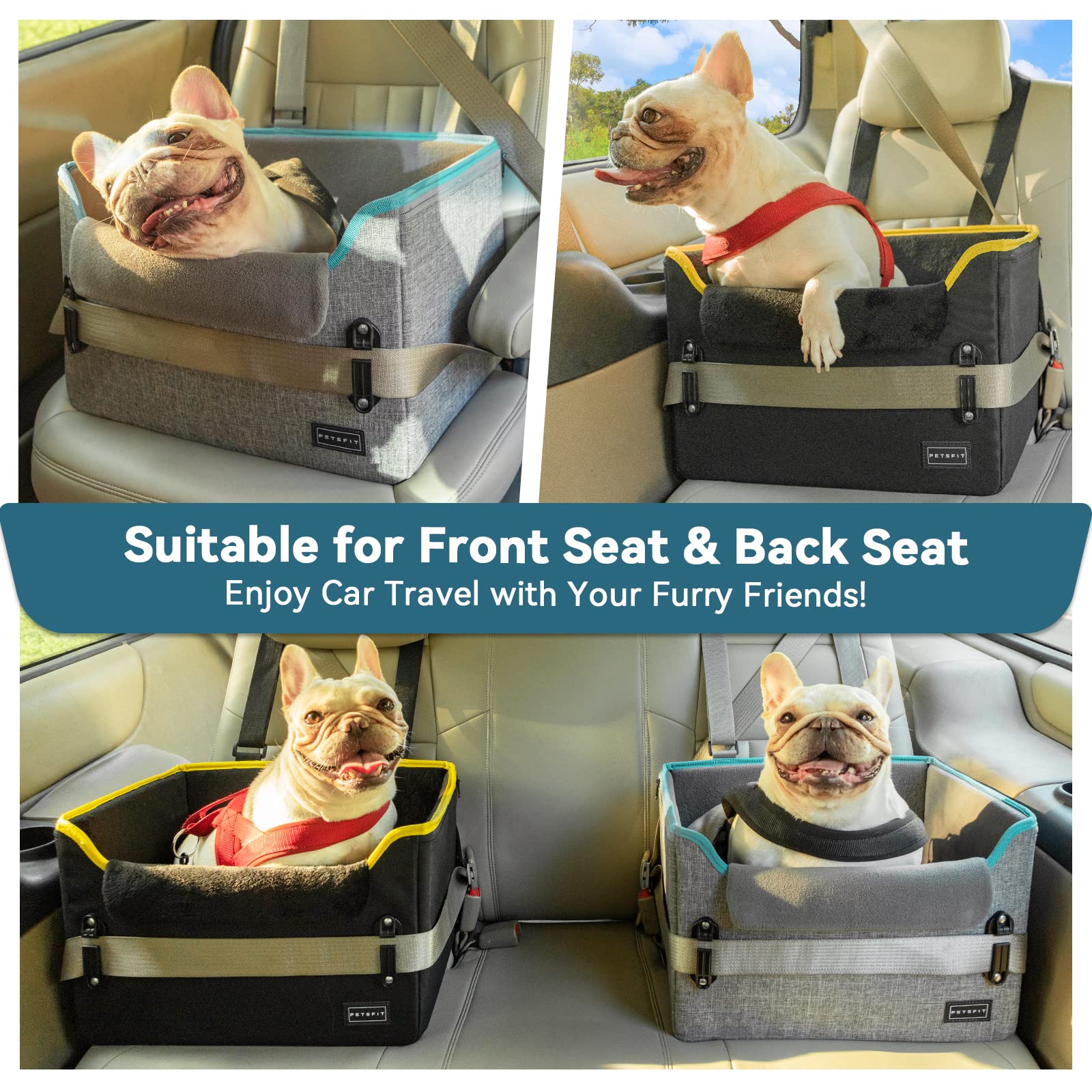 PETSFIT Small Dog Car Seat - Portable Pet Carrier with Secure Buckles & Clip-On Leash for Small Dogs Under 25lbs (Black) - Perfect for Road Trips & Safe Car Travel with Your Pet