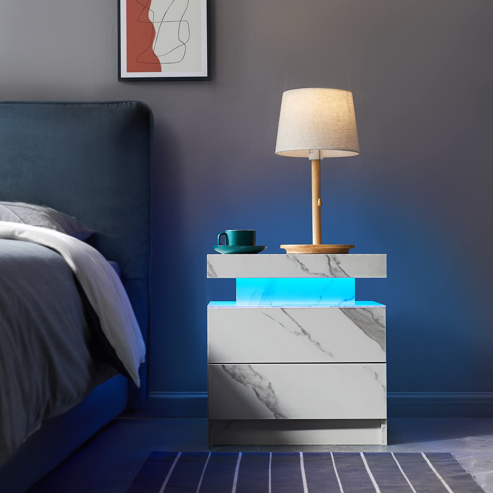 Modern LED Nightstand with 2 Drawers - White Marble Wooden Bedside Table with Touch Control Lights for Bedroom - Stylish End Table/Side Table for Living Room & Bedroom - Perfect for Reading, Charging Devices & Bedroom Decor