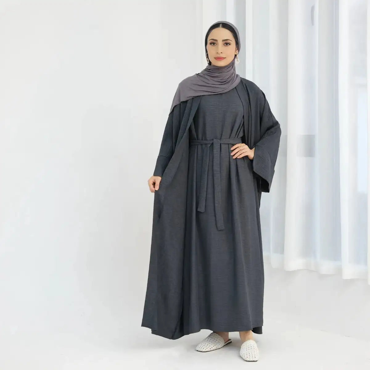 Modest Fashion 2 Piece Open Abaya Dress Set with Inner Sleeveless Dress - Islamic Prayer Outfit for Women, Eid & Special Occasions
