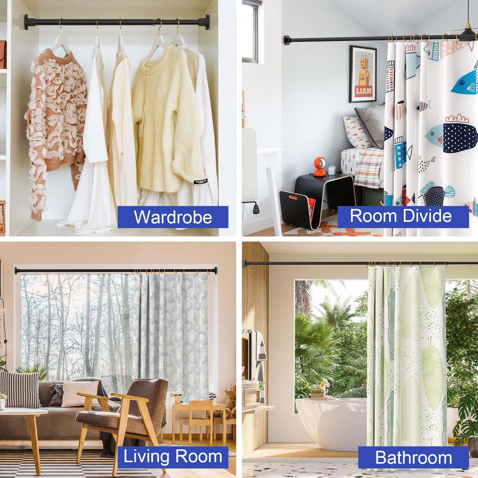 No-Drill Adjustable Shower Curtain Rod 32-75 Inch, Rust-Resistant Stainless Steel Telescoping Tension Rod for Bathroom - Non-Slip, Black - Perfect for Apartments, Dorms & Small Bathrooms
