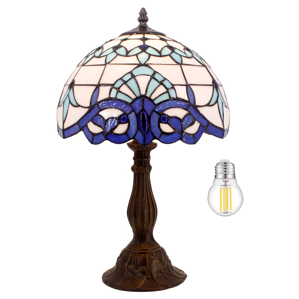 Tiffany Style Table Lamp - Navy Blue Baroque Stained Glass Desk & Bedside Light, 12x12x18 Inches, Perfect for Bedroom, Living Room & Home Office Decor - WERFACTORY S003B Series - Ideal for Reading, Relaxation & Romantic Ambiance Lighting