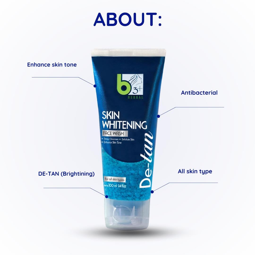 B3+ Herbal Skin Whitening Face Wash for All Skin Types - Brightens, Softens & Smooths Skin - Removes Tan & Dark Spots - Promotes Fairness & Glow - Perfect for Daily Skincare Routine & Sun Damage Repair