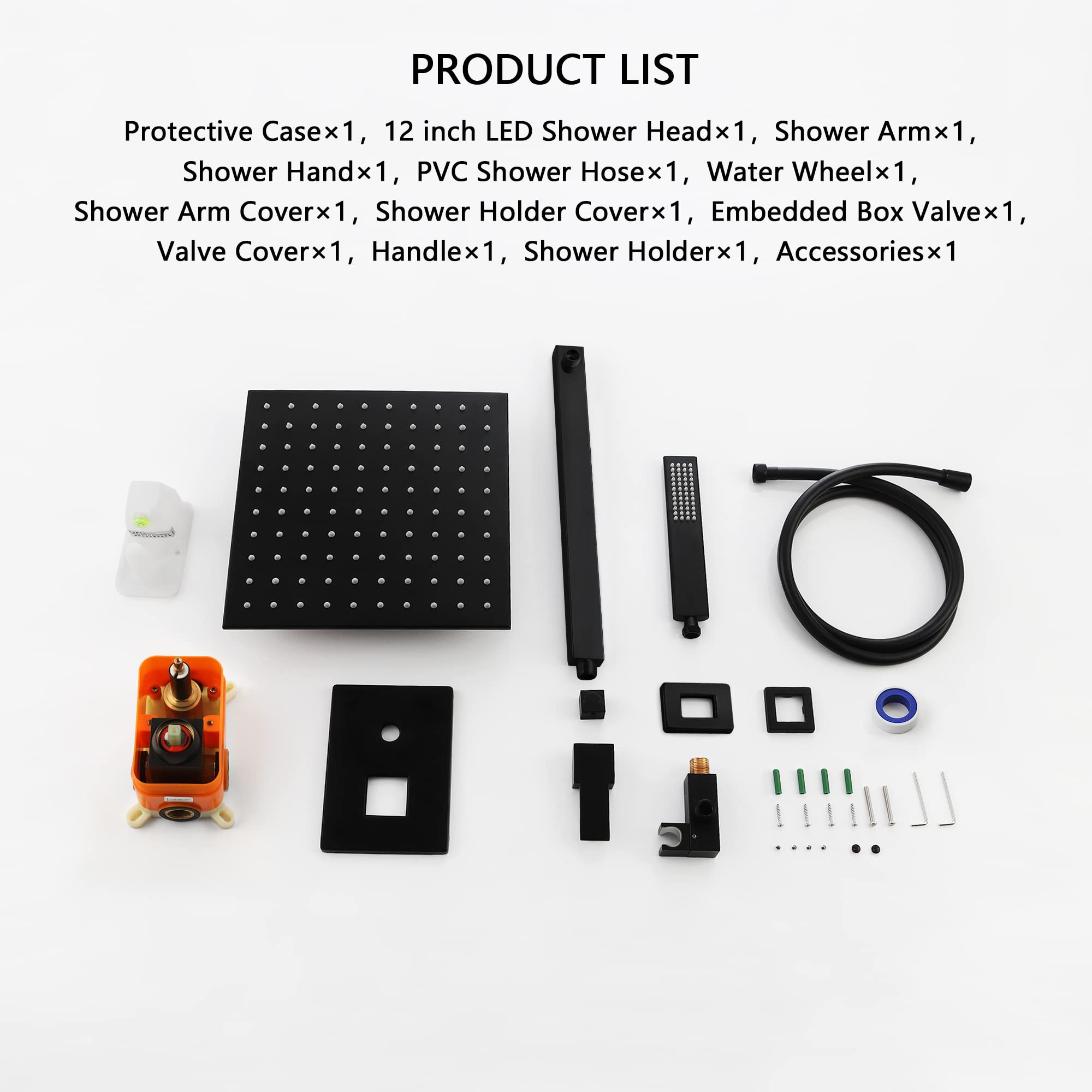 SKOWLL Matte Black Rainfall Shower Head Set - 12 Inch LED Shower System with 2-Function Valve Kit, Wall Mount Overhead Shower Faucet for Bathroom & Spa Experience | Modern Black Shower Head and Handle Combo