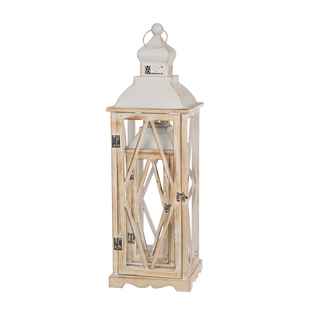 Glitzhome Farmhouse White Wood and Metal Hanging Candle Lanterns - Set of 2 Rustic Home Decor for Indoor/Outdoor, Patio, Garden, Wedding & Holiday Decorations