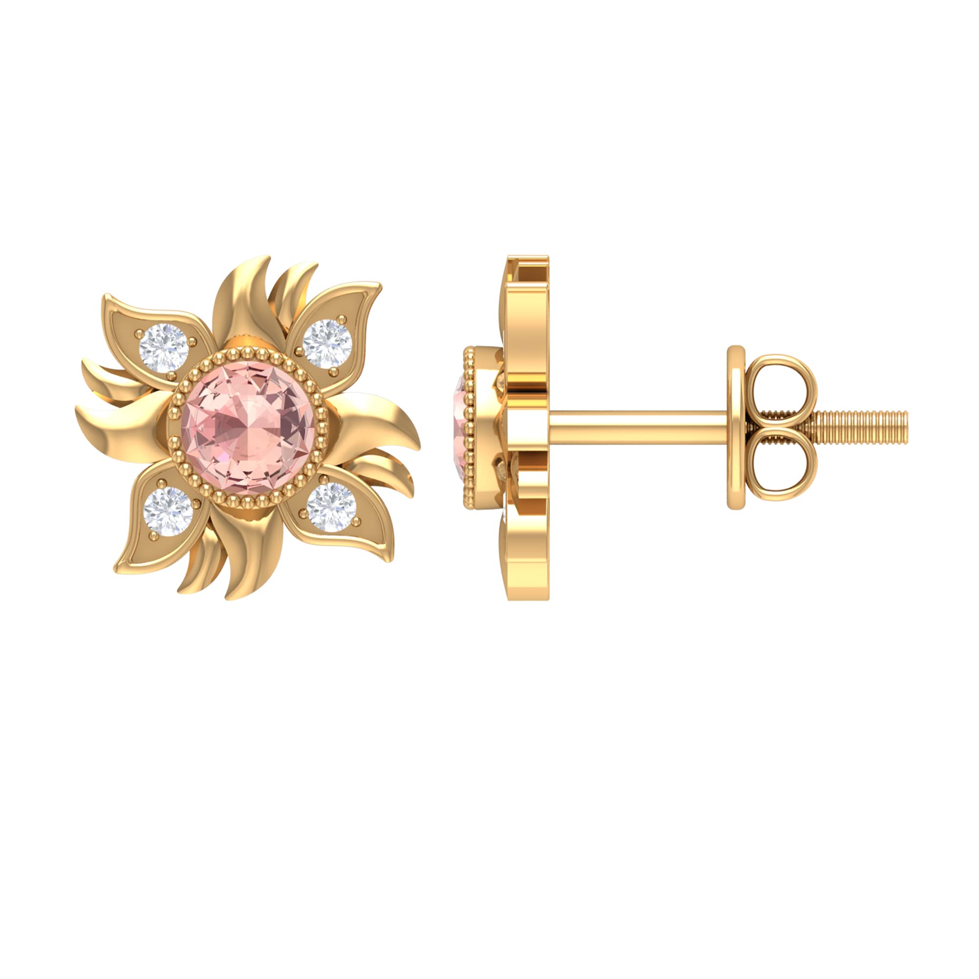 14K Solid Gold Morganite and Diamond Sunburst Stud Earrings for Women - Elegant Pink Gemstone Jewelry Gift for Birthday, Anniversary & Special Occasions