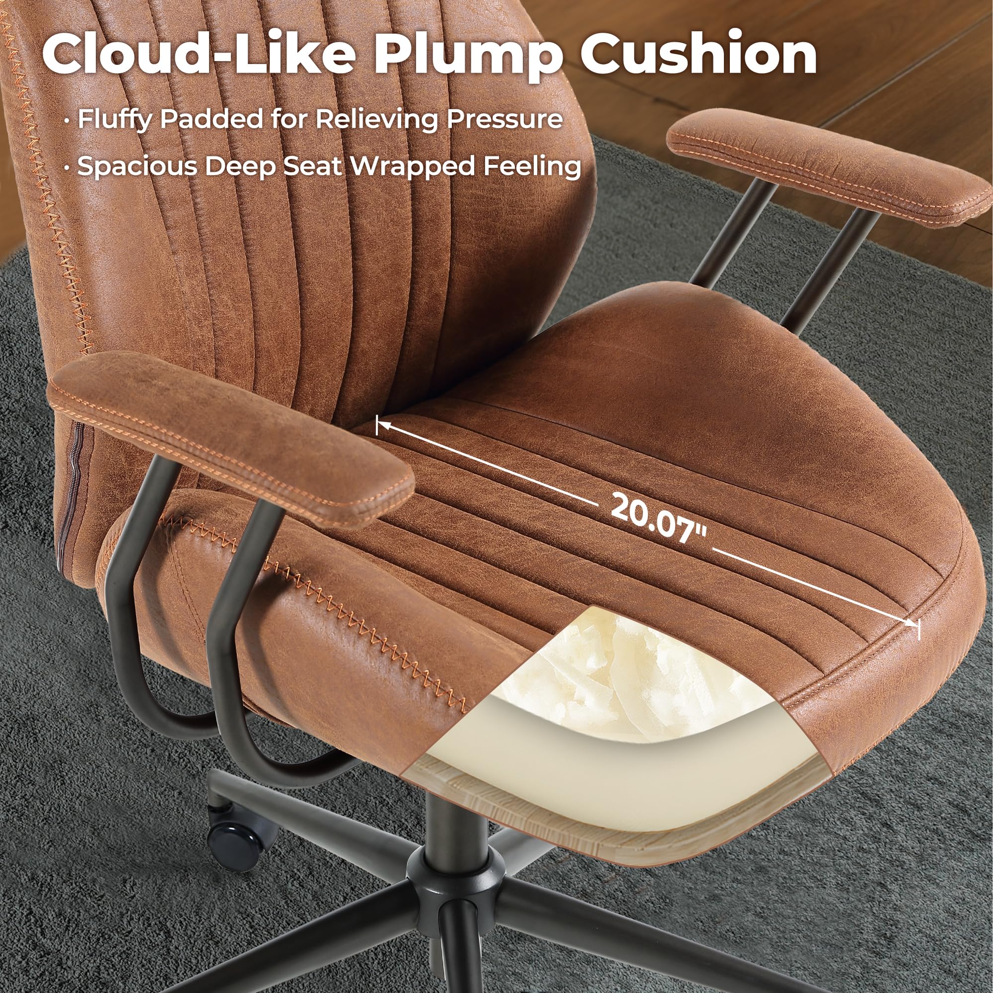 Ovios Mid Century Modern Office Chair with Lumbar Support - Ergonomic High Back Executive Chair with Swivel Wheels, Brown Suede Leather - Perfect for Home Office, Conference Rooms & Workspaces