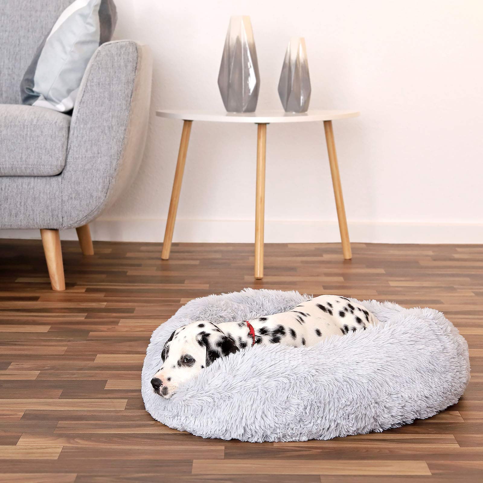 Lionto Donut Bed for Dogs and Cats - Fluffy Round Pet Bed with Extra Thick Filling for Small & Large Pets (23.6 Inch Diameter) - Ultra Soft Plush Dog & Cat Cushion in Light Gray - Perfect for Bedroom, Living Room or Pet Travel Carrier
