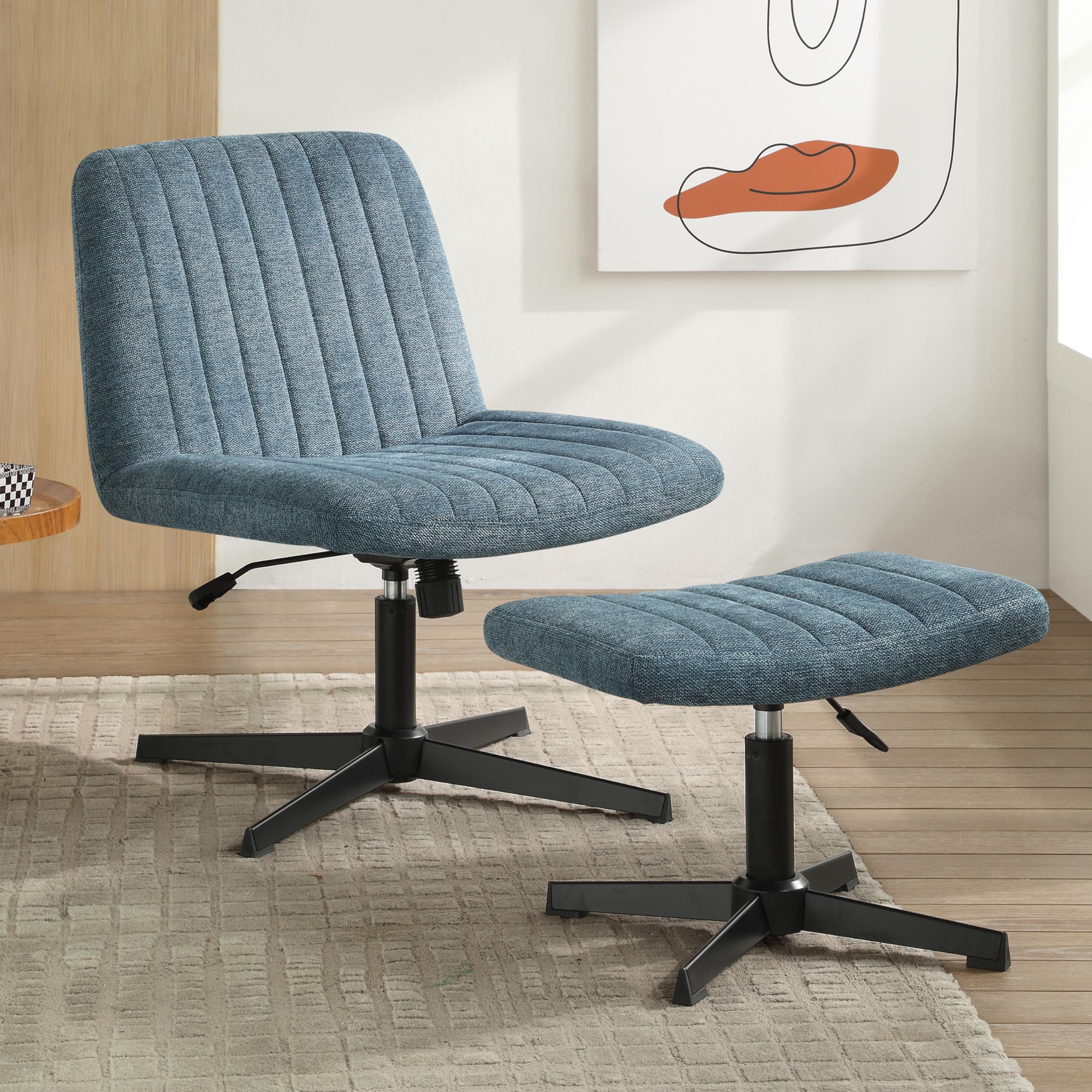 Zouron 360° Swivel Velvet Accent Chair with Ottoman - Adjustable Height Modern Tufted Wingback Club Chair, Upholstered Leisure Chair with Black Metal Legs for Office, Bedroom & Living Room - Perfect for Reading Nooks, Home Theaters and Cozy Conversation Areas (Blue)