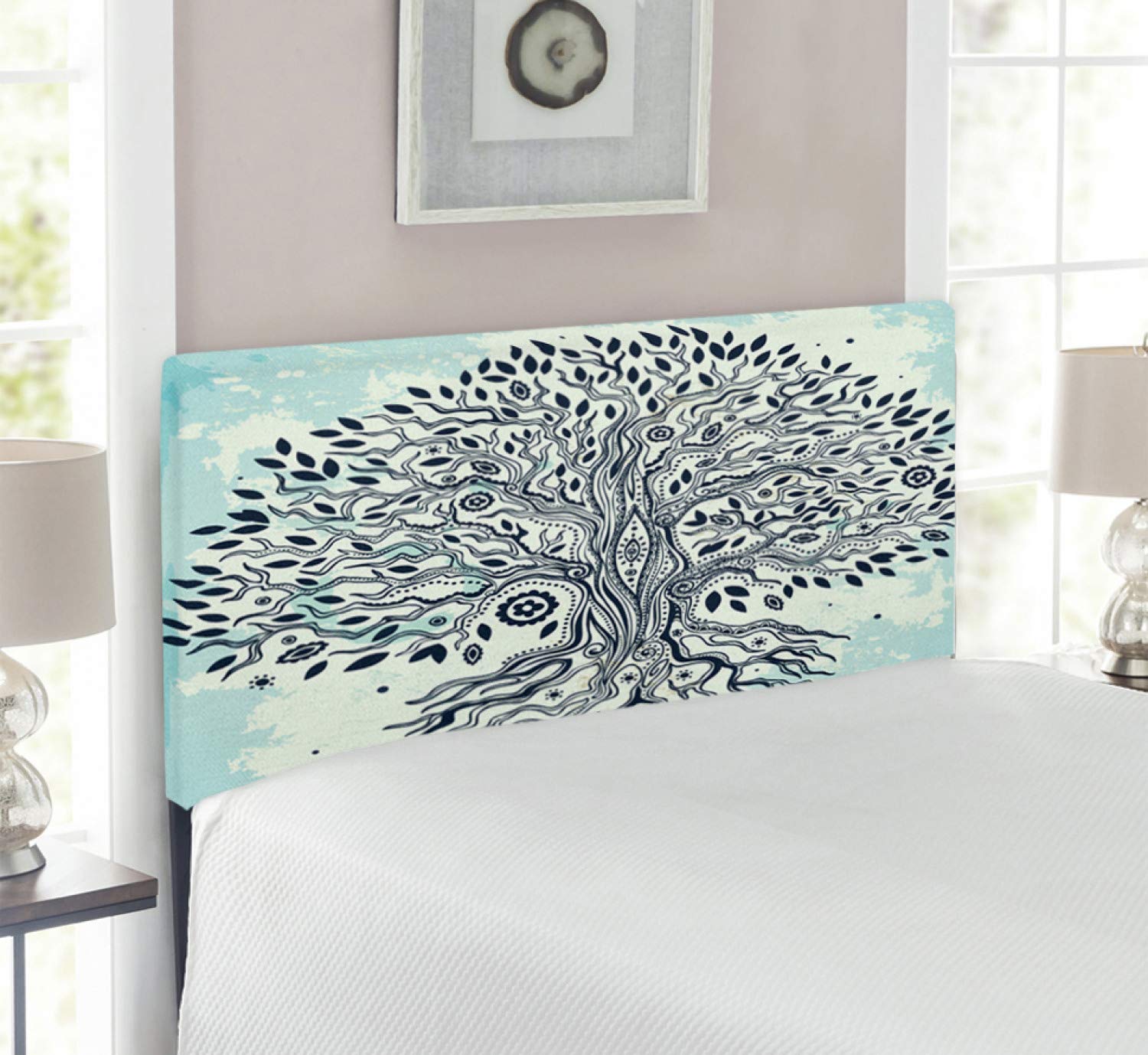 Ambesonne Asian Headboard - Tree of Life Chinese Bonsai Roots Design, Bohemian Hippie Style with Evil Eye & Occult Theme, Upholstered Decorative Metal Bed Frame with Memory Foam - Twin Size in Indigo Cream Pale Blue - Perfect for Bedroom Decor, Meditation Spaces & Boho Chic Home Interiors