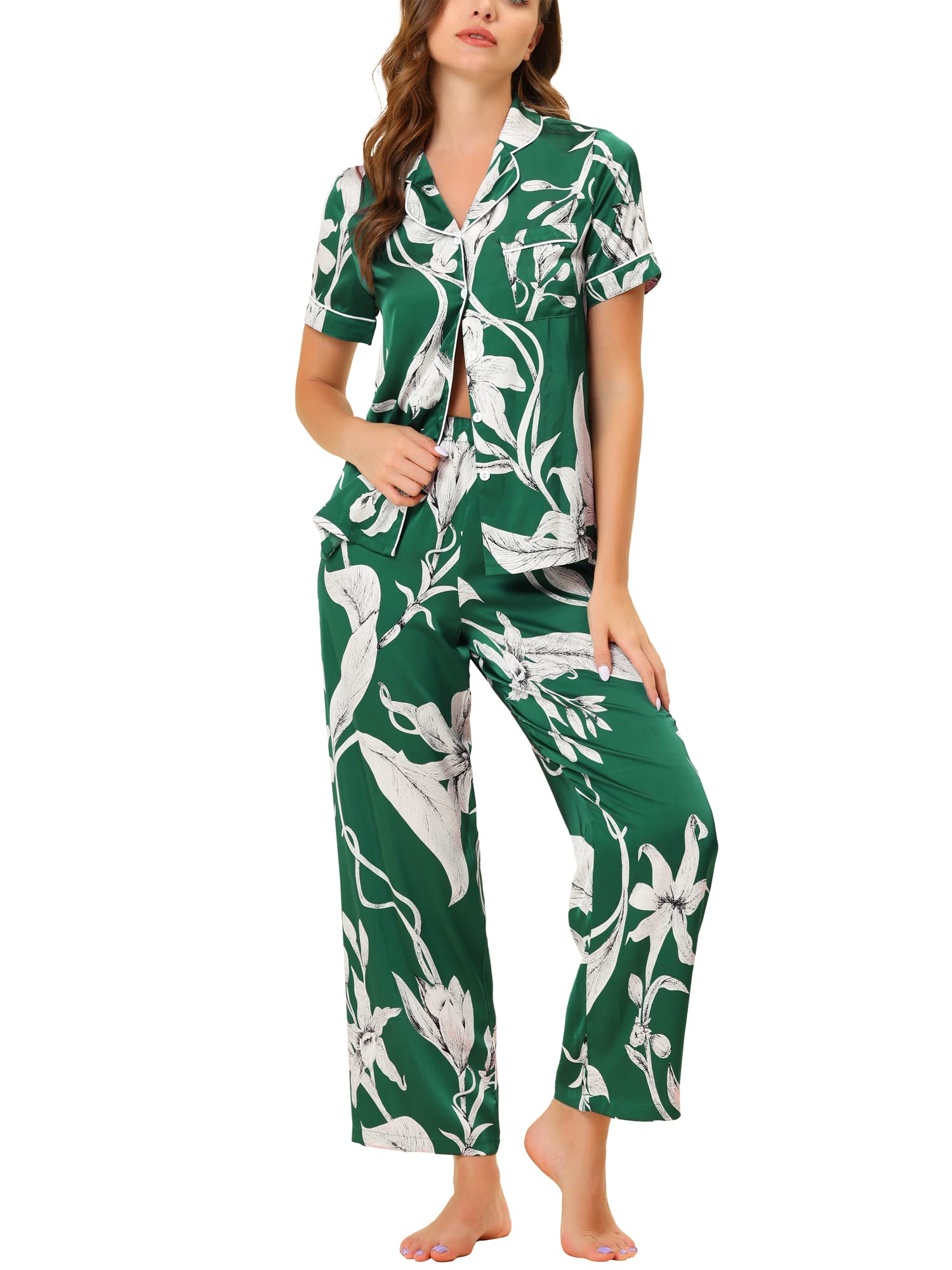 Cheibear Women's Satin Floral Pajama Set - Short Sleeve Button Down Top & Lounge Pants - Soft Sleepwear for Women - Perfect for Bedtime, Relaxing at Home & Gift Giving