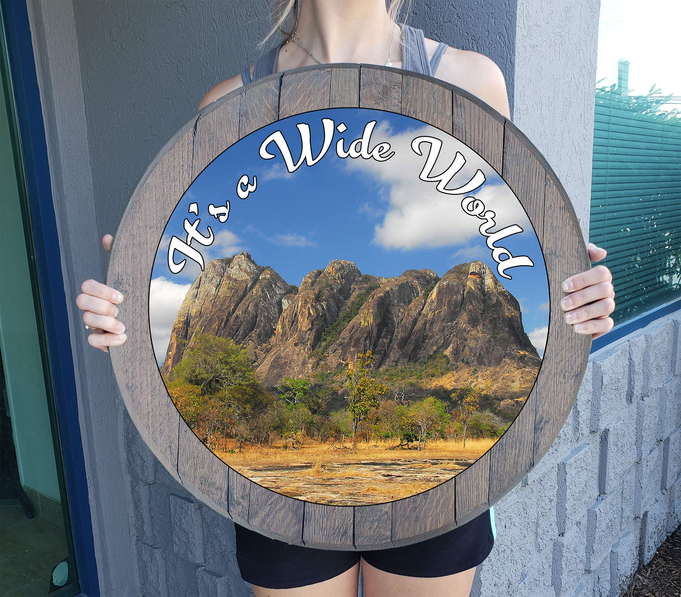 Rustic Great Plains Sahara Desert Man Cave Wall Art - Distressed Barnwood Gray Whiskey Barrel Lid Decor for Home Bar, Basement & Western Themed Rooms