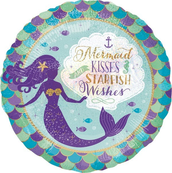 45cm Standard Holographic Mermaid Wishes & Kisses Balloon for Birthday Parties, Baby Showers & Special Events - Shimmery Party Decorations