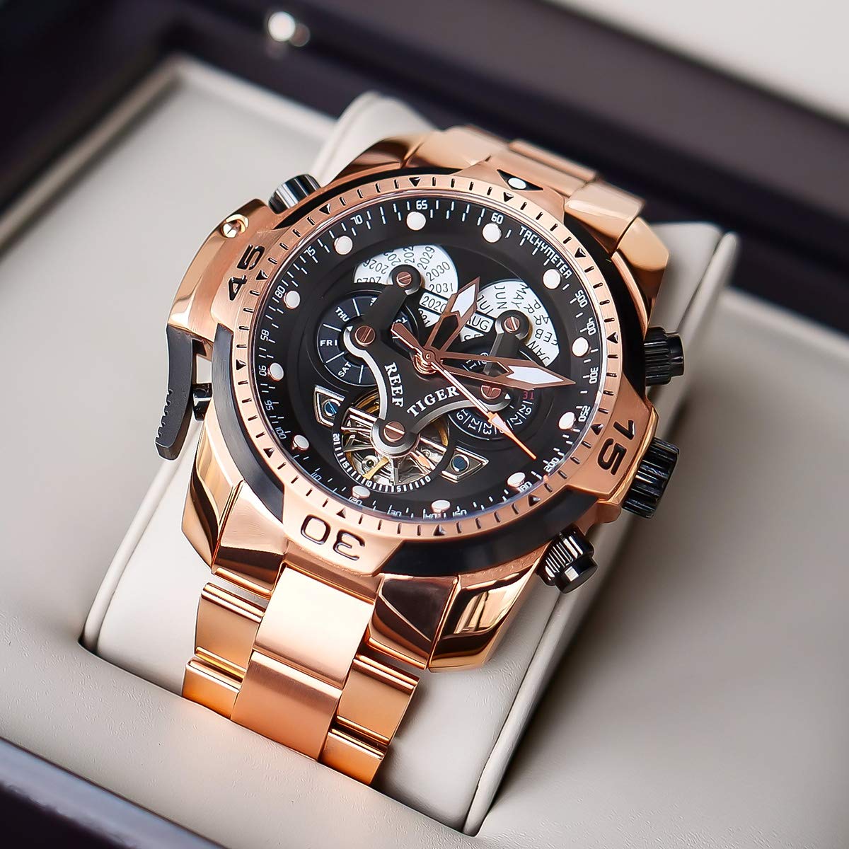 REEF TIGER Luxury Men's Mechanical Watch - Rose Gold Date Day Complicated Bracelet Watch RGA3503 | Perfect for Business, Formal Events & Gift Giving