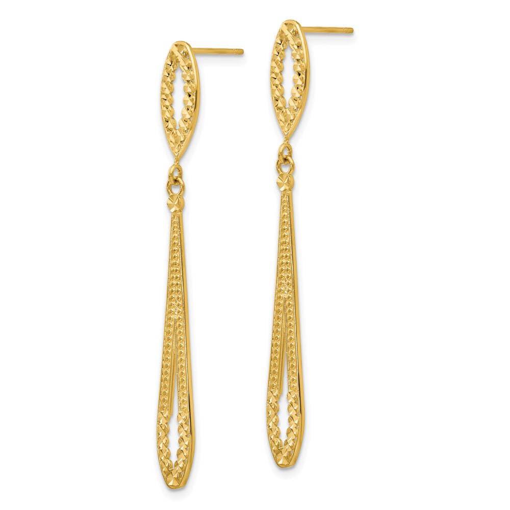 14k Yellow Gold Black Bow Long Textured Diamond-cut Dangle Post Earrings for Elegant Evening Events