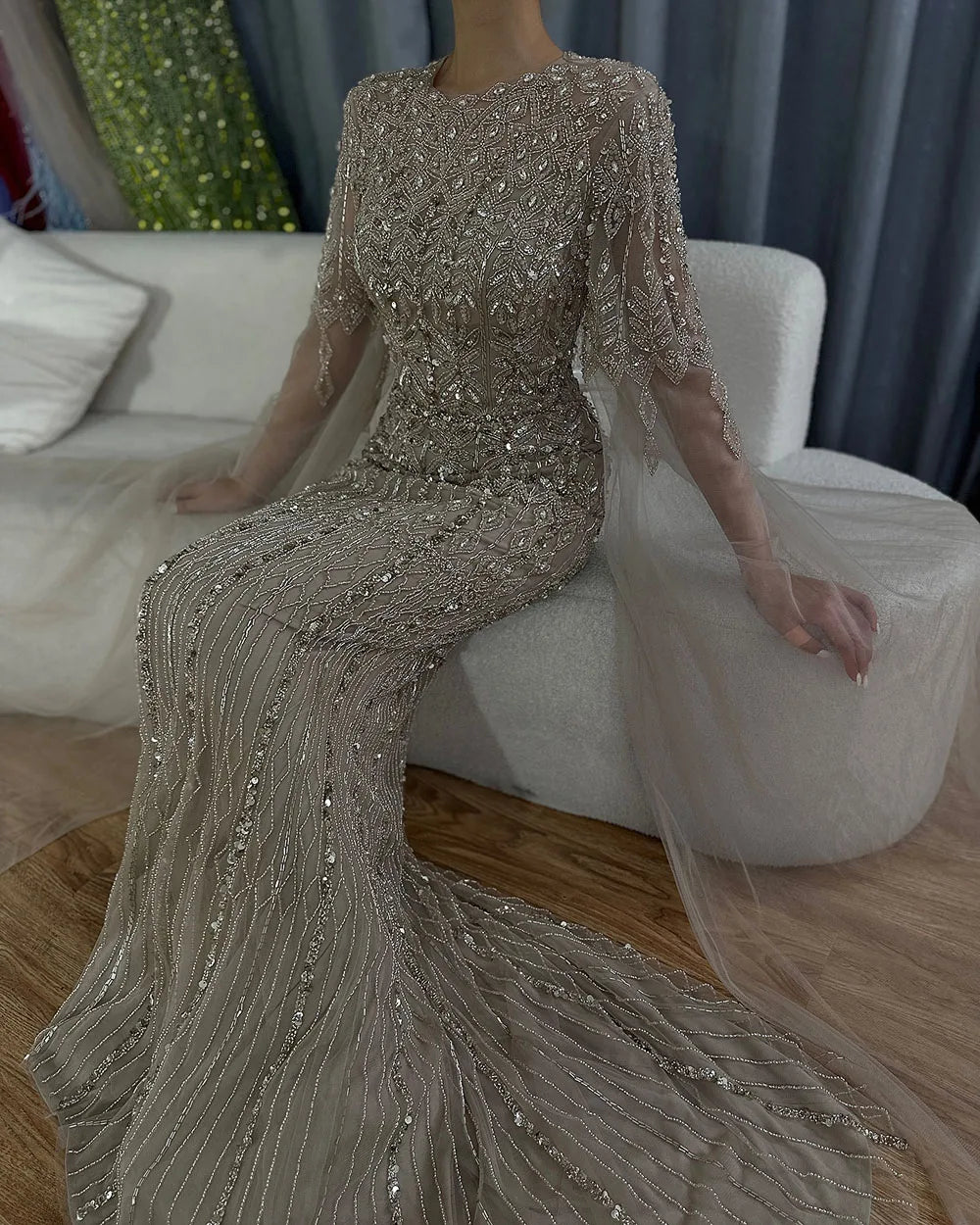 Luxury Dubai Saudi Arabia Caramel Mermaid Evening Gown with Elegant Cape Sleeves & Beaded Details - Formal Dresses for Weddings, Galas & Special Occasions