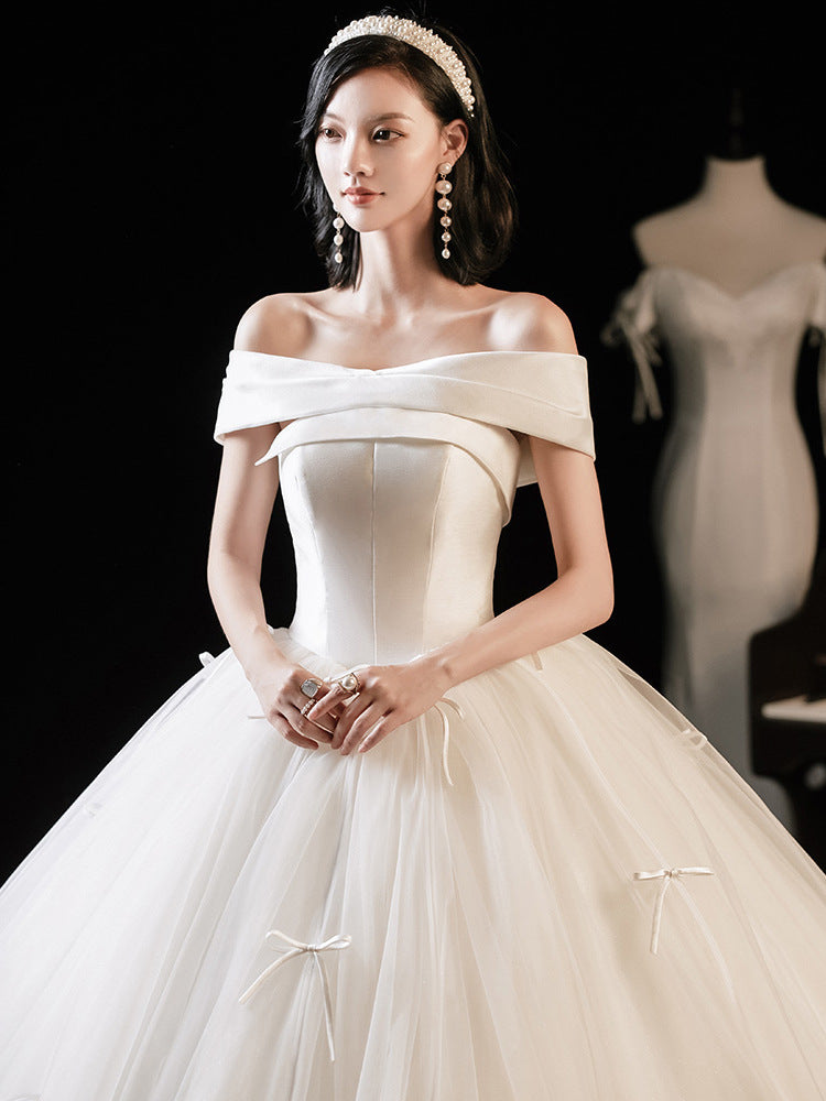 Ivory Off Shoulder Tulle Long Wedding Dress - Elegant Bridal Gown for Bride, Church Ceremony & Beach Wedding