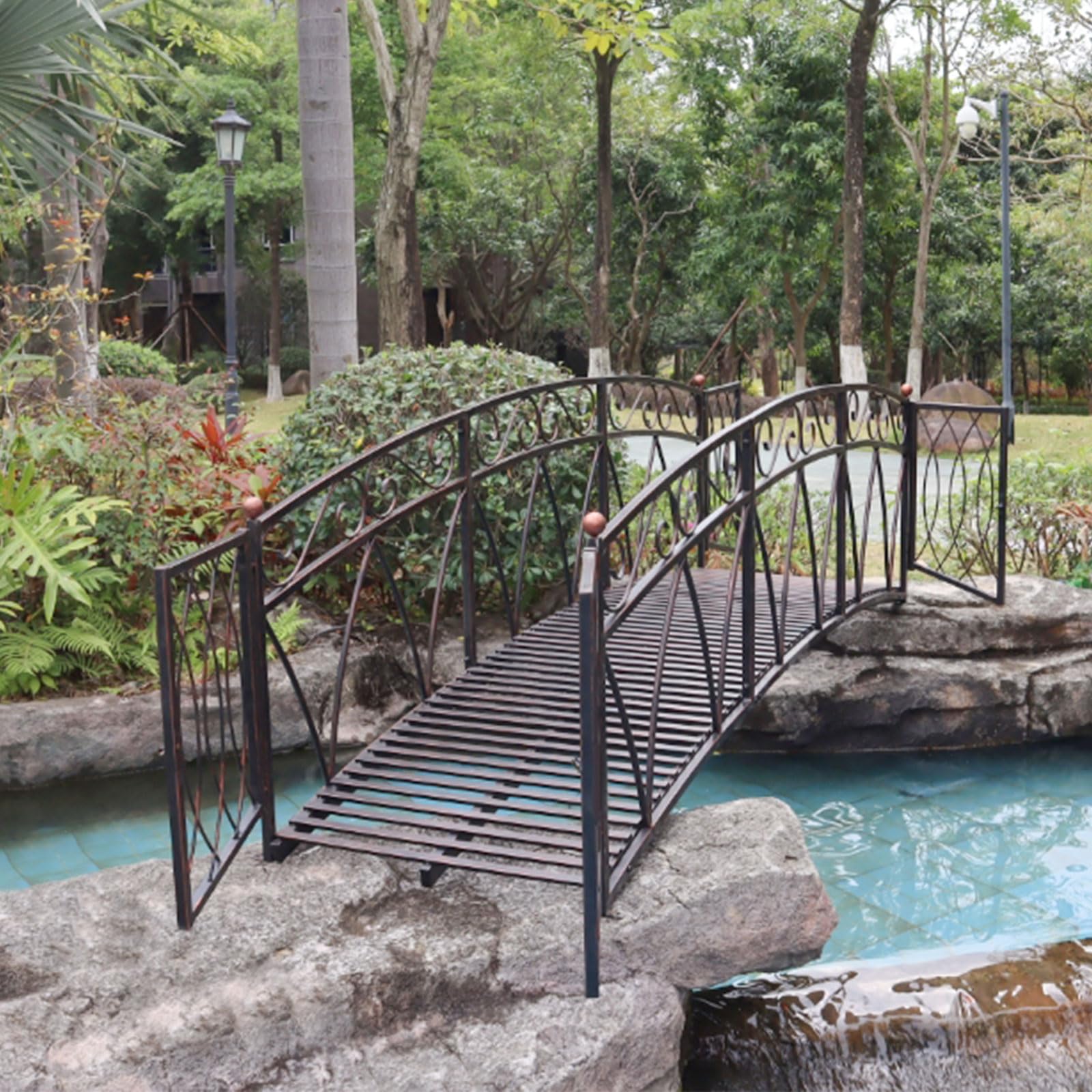 8 Ft Metal Garden Bridge with Gate & Safety Patterned Siderails - Extra Long Iron Arch Footbridge for Backyard, Lawn, Stream, Pond | Outdoor Decorative Bridge for Landscaping, Water Features & Garden Pathways - Easy Assembly