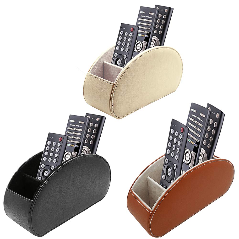 Fosinz Leather Remote Control Holder Organizer - 5 Spacious Compartments for TV, DVD, Gaming & Smart Home Remotes (Beige/Brown/Black) - Perfect for Living Room, Bedroom & Home Theater Organization