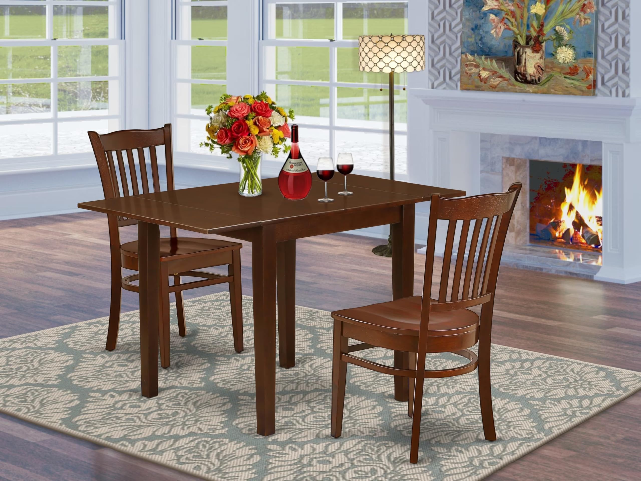 Modern 3-Piece Dining Table Set with Drop Leaf & 2 Chairs - 30x48 Inch Mahogany Wood Kitchen Furniture for Small Spaces | East West Furniture NDGR3-MAH-W | Perfect for Apartments, Breakfast Nooks & Cozy Dining Areas