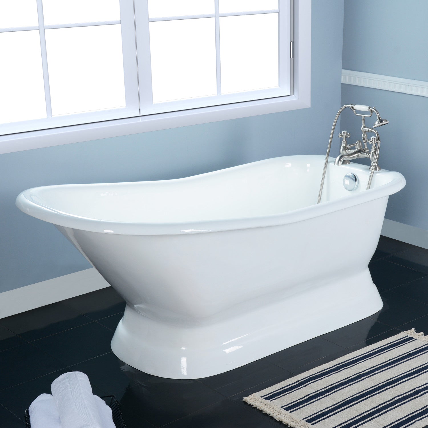 Aqua Eden 66 Inch White Cast Iron D-Shaped Single Slipper Pedestal Bathtub with 7-Inch Faucet Drillings - Freestanding Soaking Tub for Luxury Bathroom & Spa Relaxation