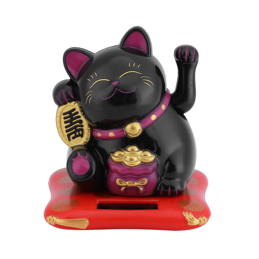 Solar Powered Lucky Waving Cat Statue - Black Fortune Welcoming Decoration for Home, Office & Car Dashboard | Feng Shui Good Luck Charm for Wealth & Prosperity | Indoor/Outdoor Solar Powered Ornament