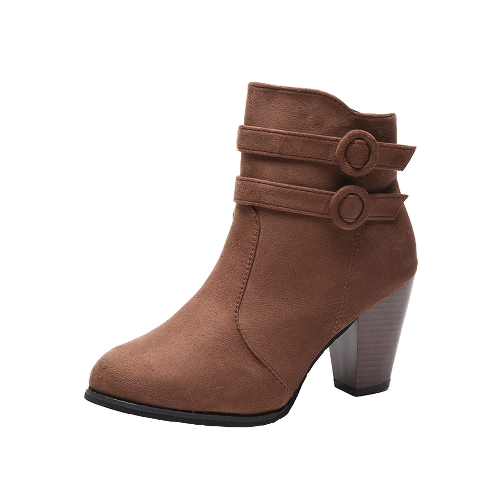 Women's Suede Chunky Heel Ankle Boots - Pointed Toe Buckle Strap Vintage Dress Booties for Fall Winter Outfits, Office & Party Wear