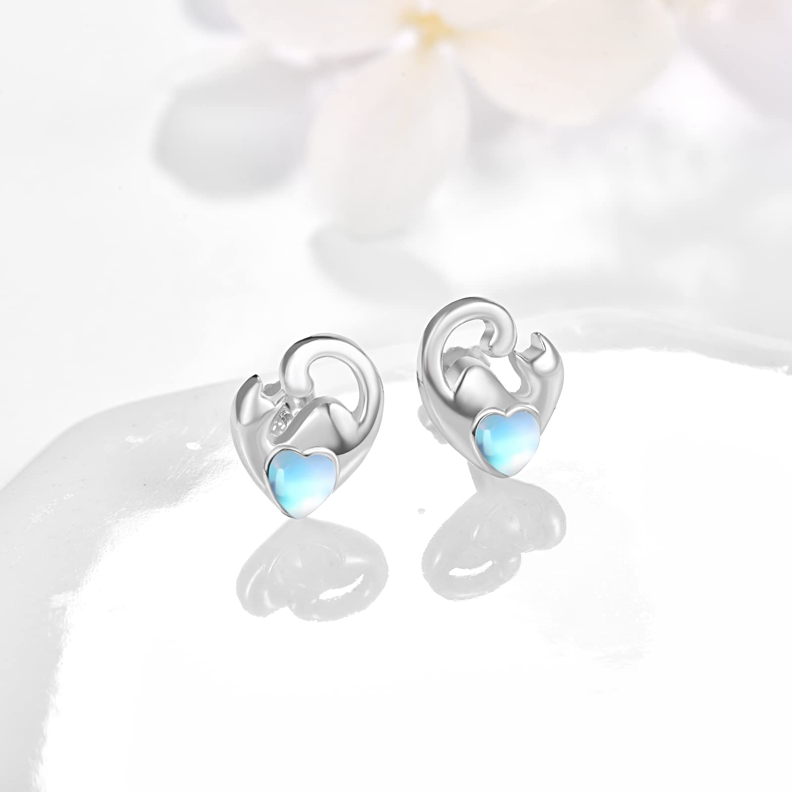 DreamBoat Sterling Silver Cat Stud Earrings for Women - Cute Kitten & Moonstone Heart Jewelry - Perfect Gift for Cat Lovers & Animal Jewelry Enthusiasts - Ideal for Casual Wear, Date Nights & Special Occasions