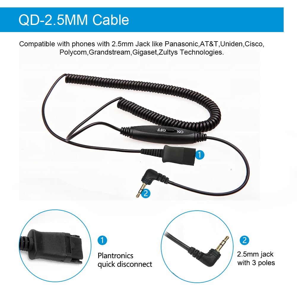 QD Mono Headset with 3.5mm Jack & USB-C Adapter - Compatible with PC, Cellphone, Tablet, Panasonic, Cisco, AT&T, Polycom, Grandstream IP Phones - Mute & Volume Control - Perfect for Office Calls, Remote Work, and Customer Service