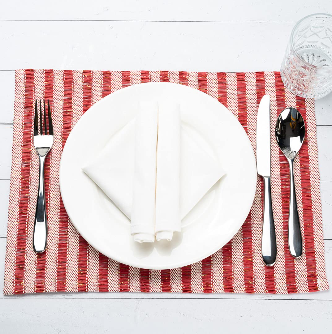 Restaurantware 16 x 12 Inch Rectangle Plastic Placemats Set of 6 - Durable, Wipeable & Easy Clean Red Striped Table Mats for Dining & Kitchen Use | Perfect for Restaurants, Cafes & Home Decor