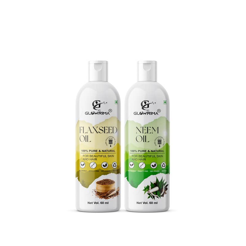 Glowrima 100% Pure Flaxseed Oil & Neem Oil Combo (60ML Each) - Promotes Hair Growth, Reduces Hair Fall, Repairs Split Ends for Soft & Shiny Hair - Natural Hair Care Treatment for Men & Women - Perfect for Daily Scalp Massage & Overnight Hair Mask