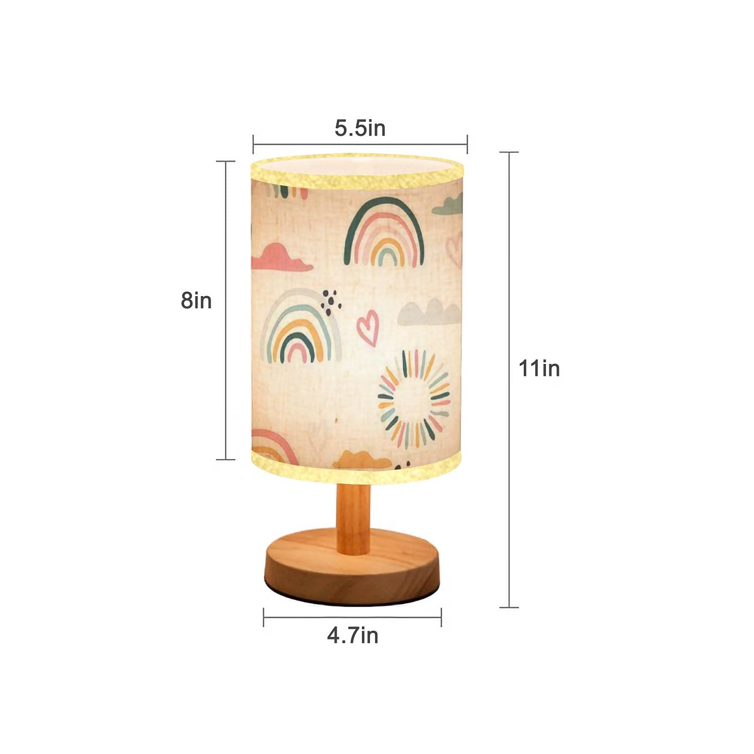 Minimalist Wooden Bedside Table Lamp with Hand-Drawn Rainbow & Sun Design - Natural Flaxen Fabric Shade for Nightstand, Desk, Bedroom & Living Room - Perfect for Nursery Decor, Cozy Reading Nook & Modern Home Lighting