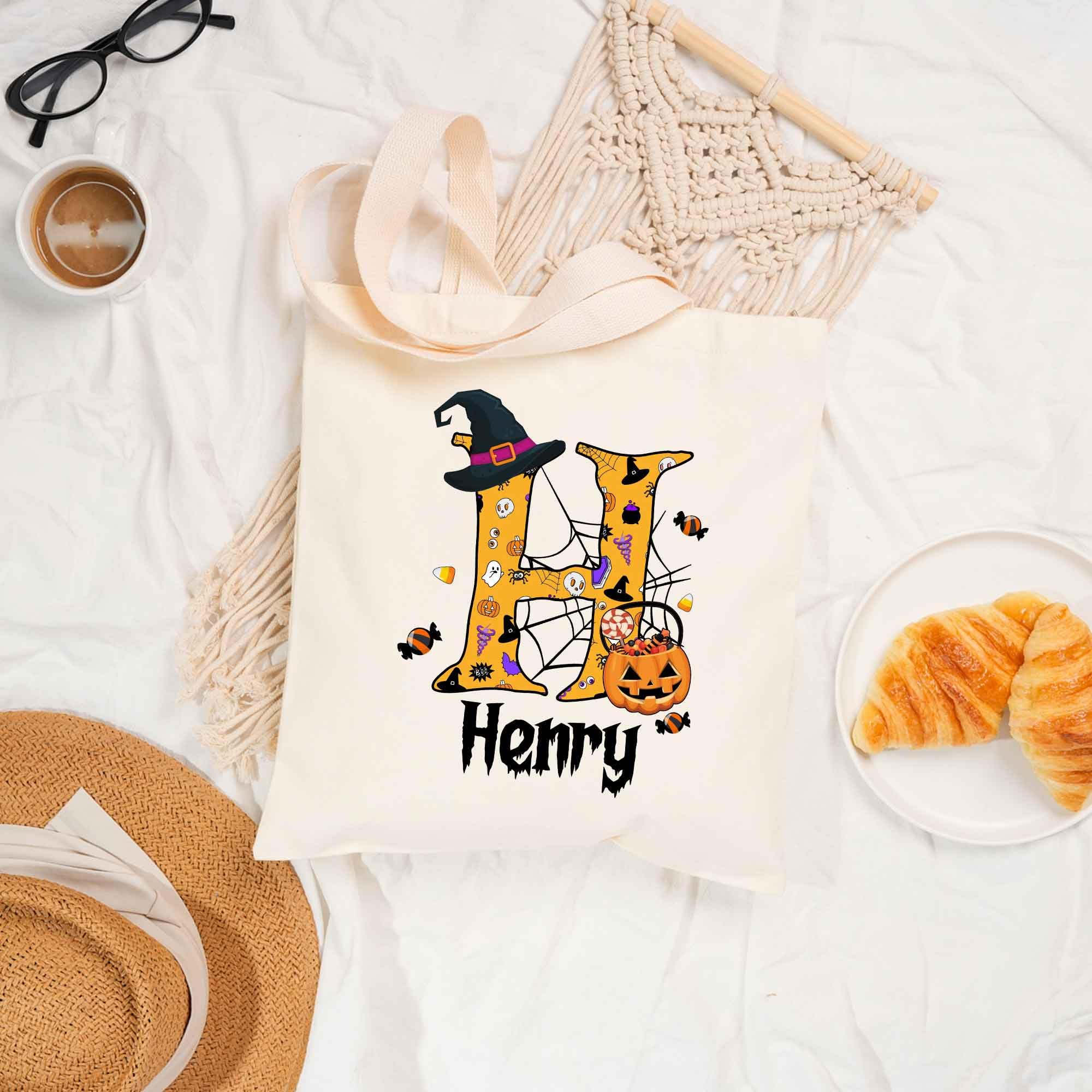 Personalized Halloween Trick or Treat Bags with Names - 5 Custom Font Designs, 15x16 Inch Reusable Tote Bags for Women & Kids, Witch-Themed Halloween Party Favors, Trick-or-Treating & Costume Accessories (Design 1)