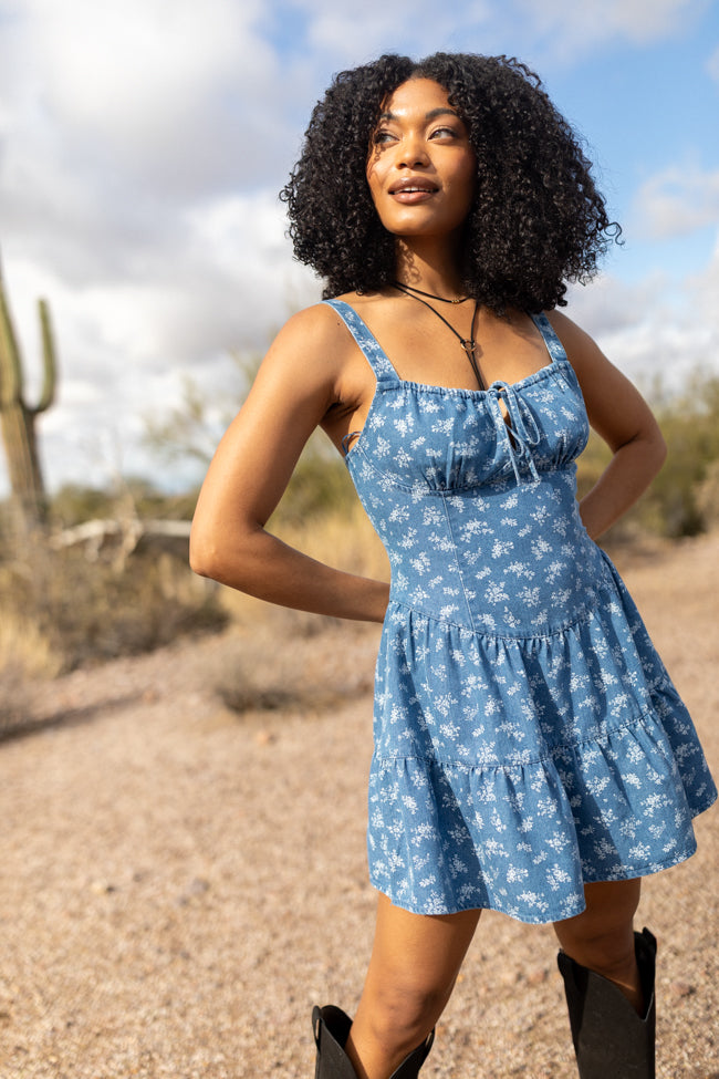 Harmonic Blooms Ditsy Floral Denim Mini Dress - Women's Vintage Style Short Denim Dress for Casual Outings, Dates & Summer Parties