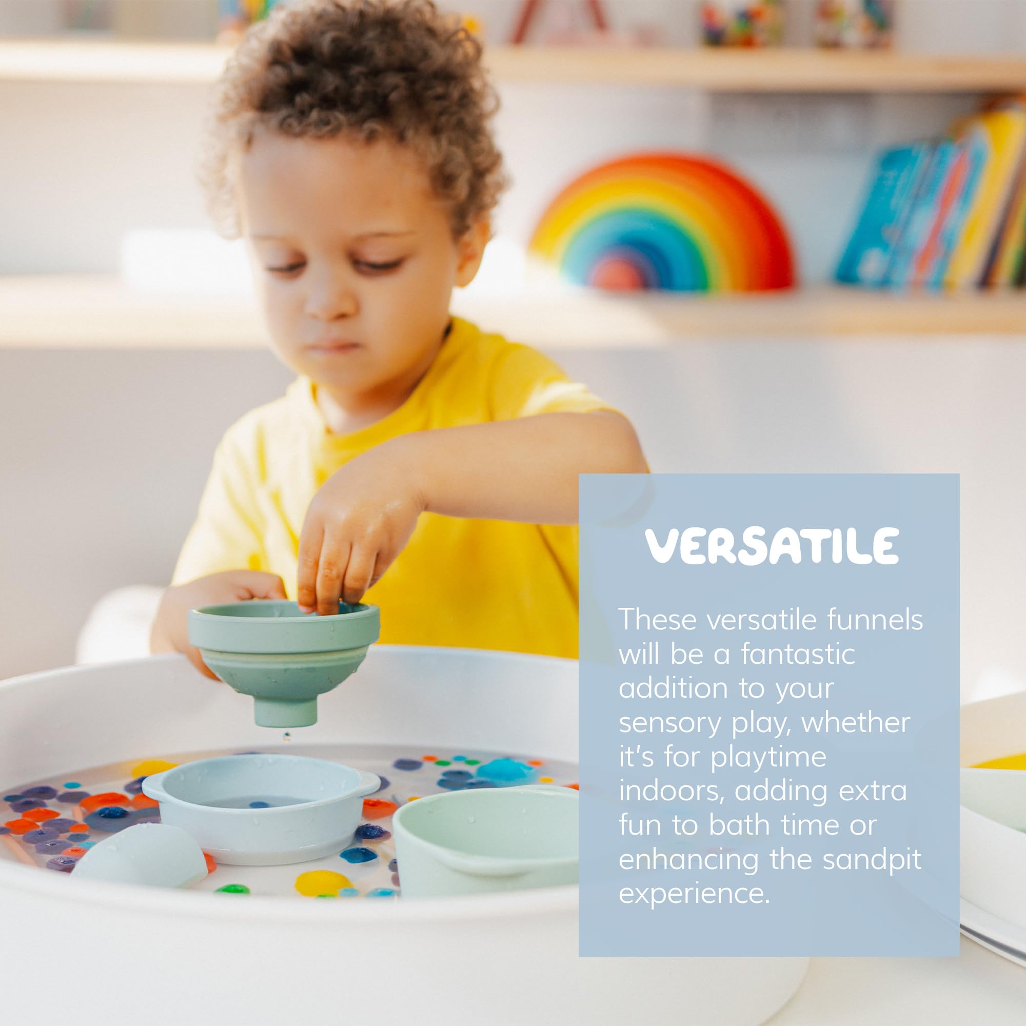 3 Pack Green Silicone Collapsible Sensory Funnels for Kids - Safe Pouring Toys for Toddlers - Food Grade Sensory Bin Tools for Water Play, Sand Play & Early Learning Activities