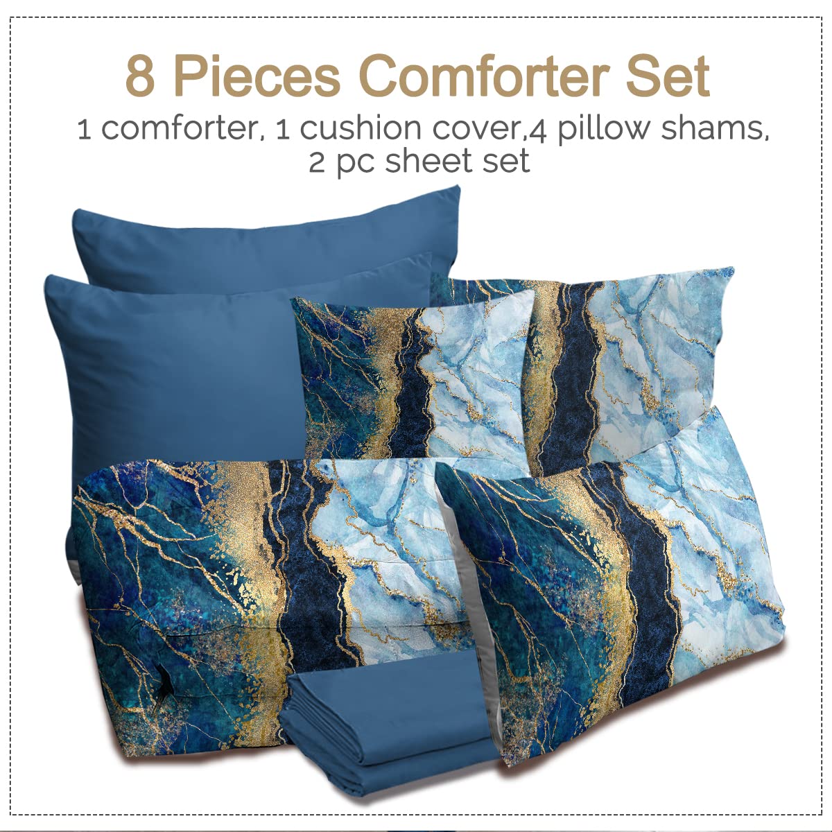 BlessLiving 8-Piece King Size Marble Bedding Set - Navy Blue & Gold Glitter Comforter with Pillowcases, Shams & Sheets - Modern Luxury Bed in A Bag - Perfect for Master Bedrooms, Guest Rooms & Hotel Style Decor